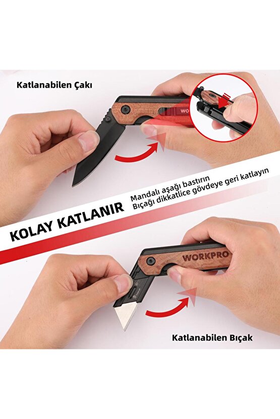 WP211015 2-IN-1 Ahşap Saplı Profesyonel Cep Çakısı & Katlanır Rötuş Maket Bıçağı + 11 Adet Y