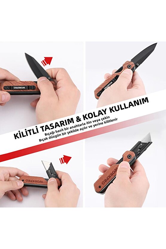 WP211015 2-IN-1 Ahşap Saplı Profesyonel Cep Çakısı & Katlanır Rötuş Maket Bıçağı + 11 Adet Y