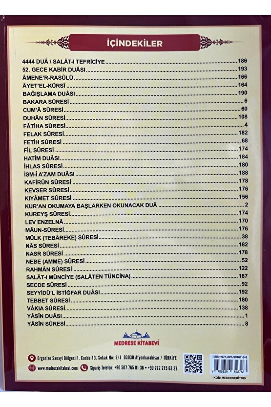 Orta Boy  İri Yazılı Karton Kapak Yasin Kitabı 192 Sayfa