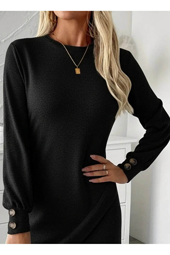 Kadın Uzun Kollu Bisiklet Yaka önden Asimetrik Kesim Detaylı Mini Yumoş Elbise