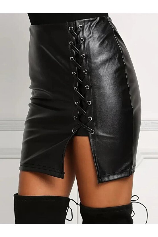 Kadın Yüksek Bel Yandan çapraz Bağcıklı Yırtmaçlı Mini Deri Etek