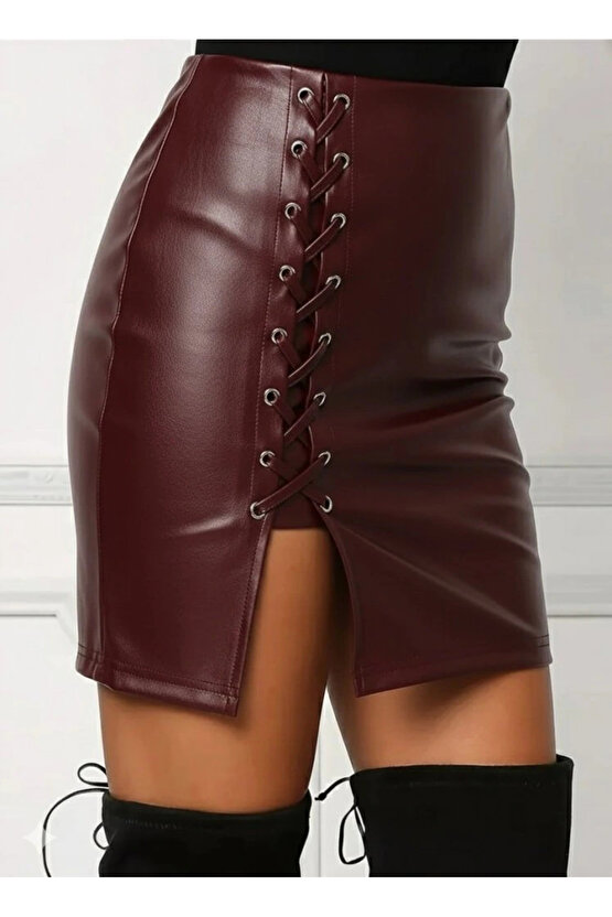 MDB Kadın Yüksek Bel Yandan çapraz Bağcıklı Yırtmaçlı Mini Deri Etek