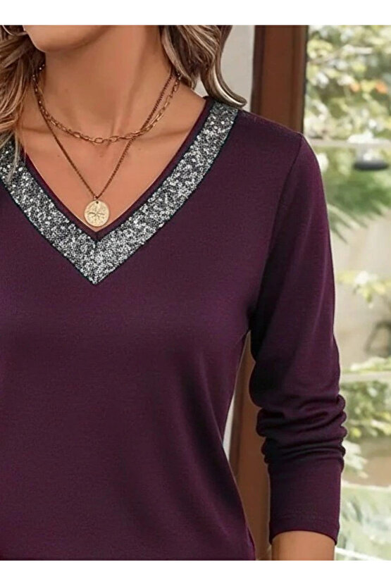 Kadın Uzun Kollu V Yakalı Viskon Mürdüm Bluz