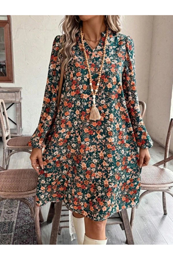 Kadın Uzun Kollu V Yakalı Desenli Modal Mini Elbise