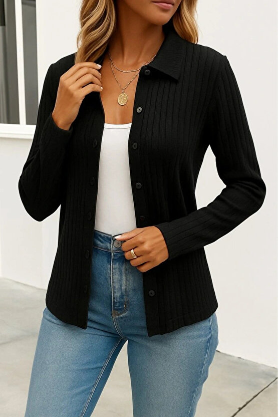 Kadın Uzun Kollu Yakalı önden Düğmeli Triko Ceket