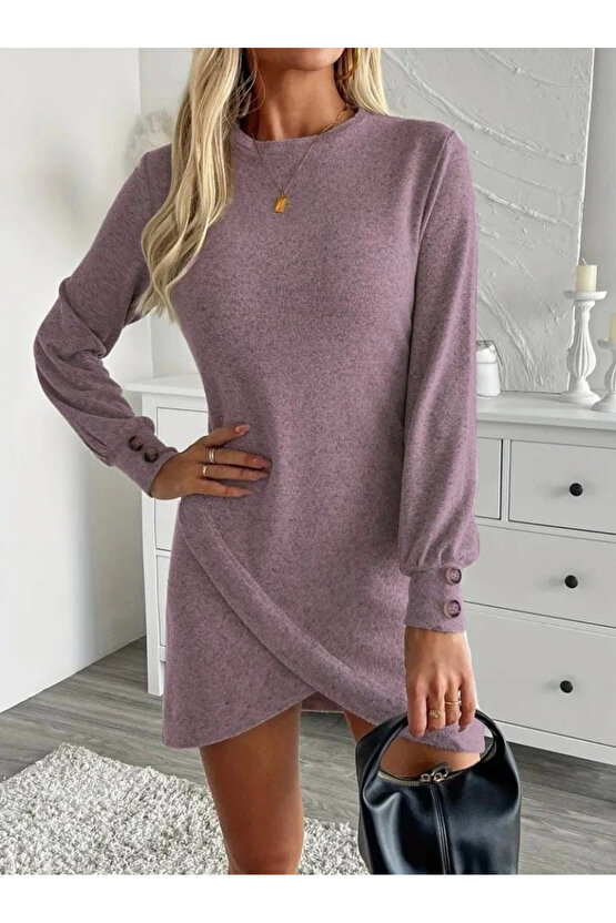 Kadın Uzun Kollu Bisiklet Yaka önden Asimetrik Kesim Detaylı Mini Yumoş Elbise