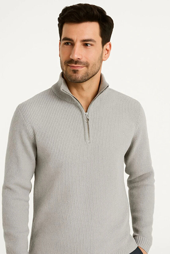 Erkek Yarım Fermuarlı Triko Kazak – Selanik Örgü, Dik Yaka, Pamuklu Dokuma, Regular Fit Uzun Kollu K