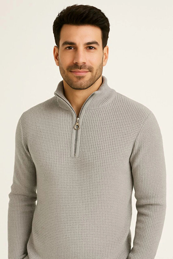 Erkek Yarım Fermuarlı Triko Kazak – Selanik Örgü, Dik Yaka, Pamuklu Dokuma, Regular Fit Uzun Kollu K