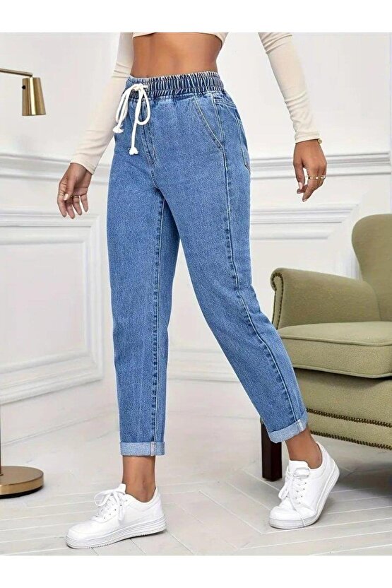 Kadın Yüksek Bel Bağcıklı Kot Pantolon