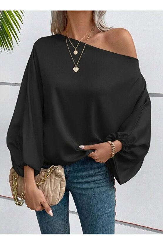 Kadın Tek Omuzu Açık Uzun Kollu Salaş Sandy Bluz