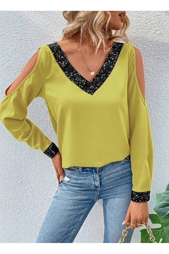 Kadın Uzun Kollu V Yakalı Omuzlardan Açık Sandy Bluz