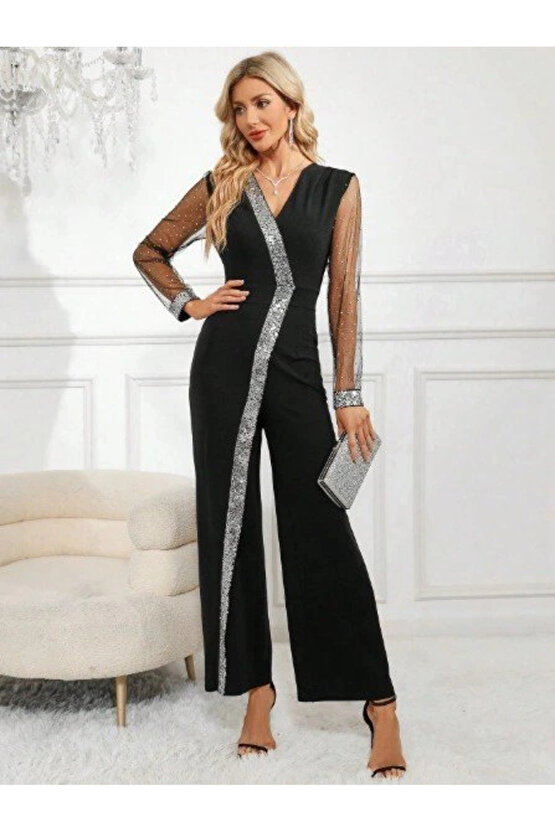 Kadın Uzun V Yakalı önden Pulpayet Detaylı Tüllü Uzun Ithal Krep Tulum