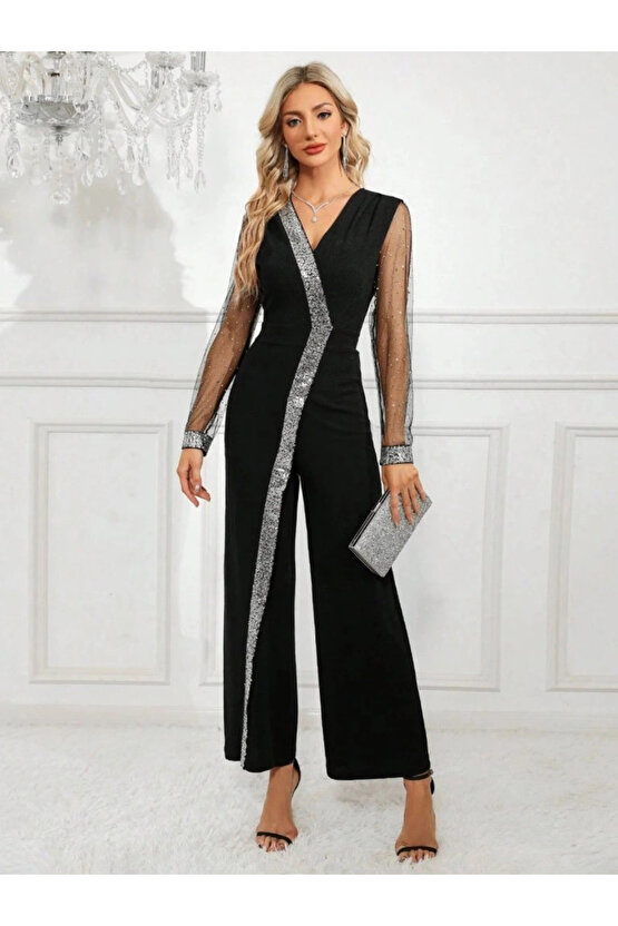 Kadın Uzun V Yakalı önden Pulpayet Detaylı Tüllü Uzun Ithal Krep Tulum