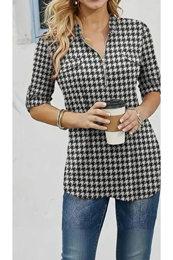 Kadın Uzun Kollu Hakim Yaka Yakadan Fermuarlı Geometrik Desenli Süprem Bluz