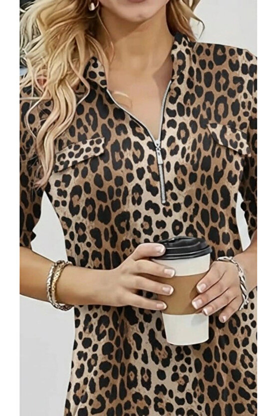 Kadın Uzun Kollu Hakim Yaka Yakadan Fermuarlı Geometrik Desenli Süprem Bluz