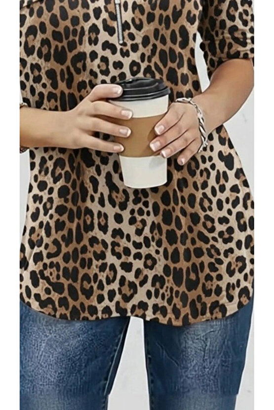 Kadın Uzun Kollu Hakim Yaka Yakadan Fermuarlı Geometrik Desenli Süprem Bluz