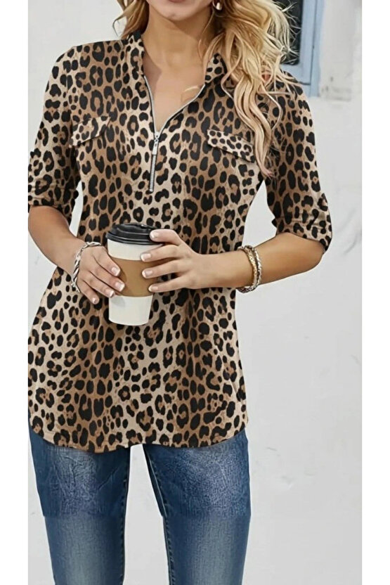 Kadın Uzun Kollu Hakim Yaka Yakadan Fermuarlı Geometrik Desenli Süprem Bluz