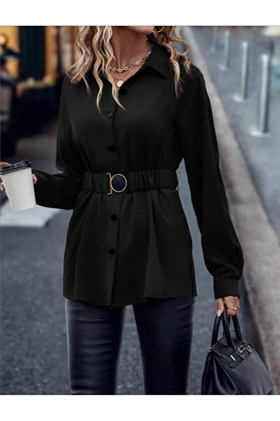 Kadın Uzun Kollu Yakalı önden Düğmeli Belden Kemerli Ithal Krep Bluz