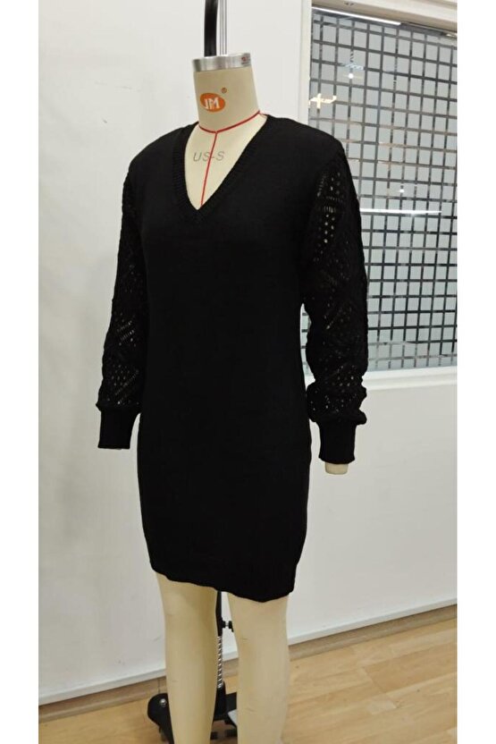 Kadın Uzun Kollu V Yakalı Mini Triko Elbise