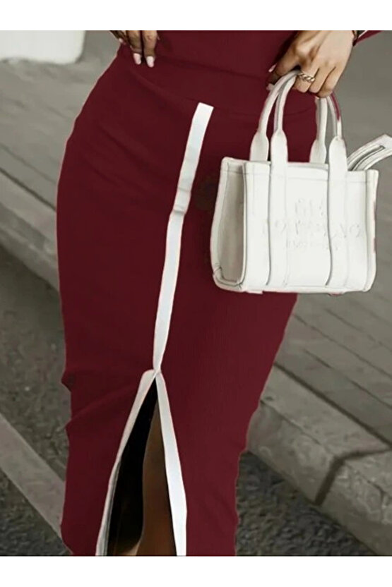 Kadın Uzun Kollu Bisiklet Yaka Kaşkorse Bluz Ve Yırtmaçlı Etek Ikili Takım