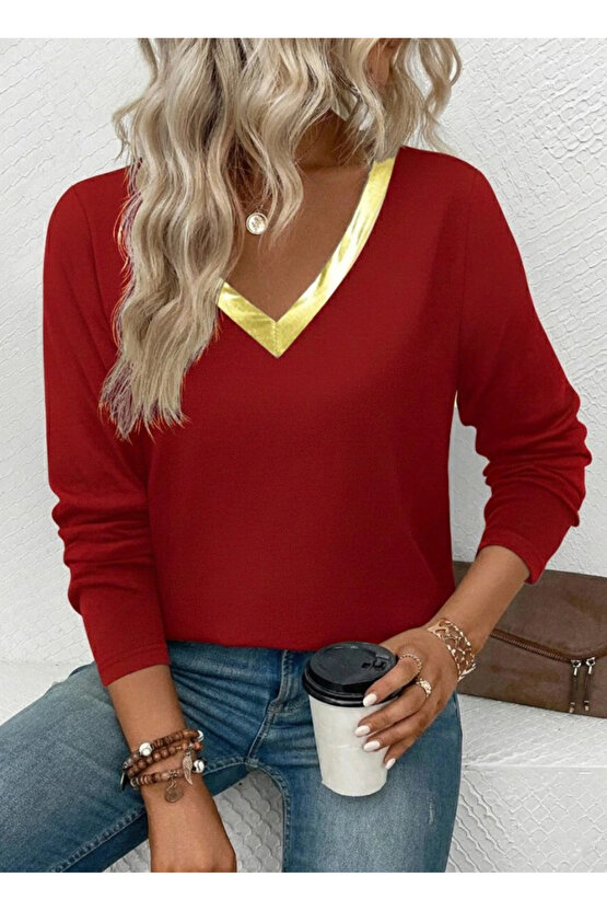 Kadın Uzun Kollu V Parlak Yaka Detaylı Viskon Bluz
