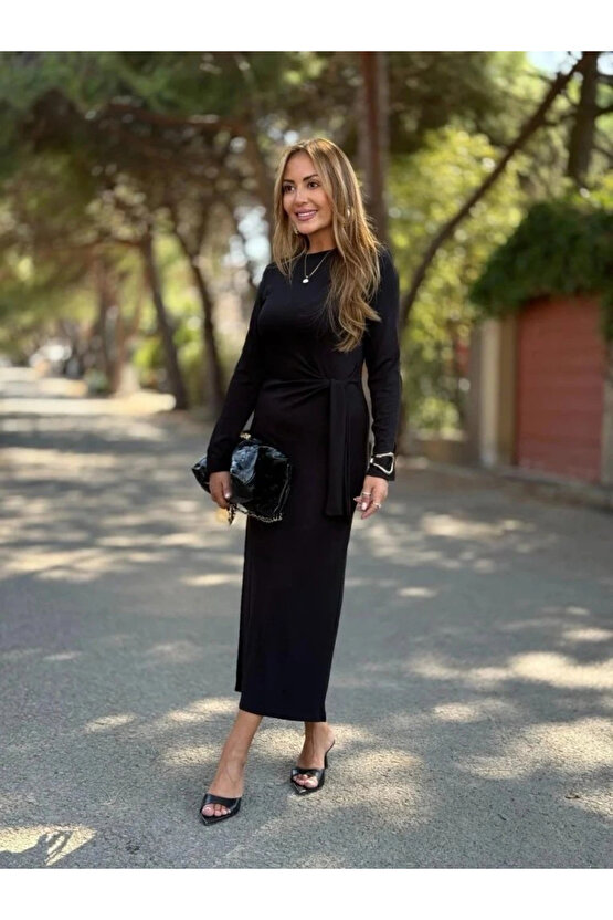 Kadın Uzun Kollu Bisiklet Yaka Yandan Bağlamalı Uzun Modal Elbise