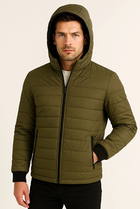 Erkek Şişme Kapüşonlu Fermuarlı Mont Su itici Kapitone Astarlı Kumaş Cepli Kışlık Rahat Kalıp - Haki