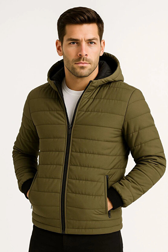 Erkek Şişme Kapüşonlu Fermuarlı Mont Su itici Kapitone Astarlı Kumaş Cepli Kışlık Rahat Kalıp - Haki