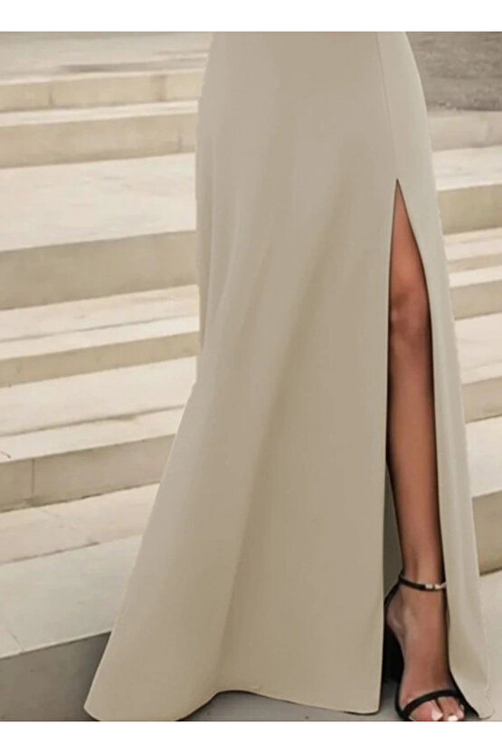 Kadın Uzun Kollu Madonna Yakalı Yırtmaç Detaylı Uzun Ithal Krep Elbise