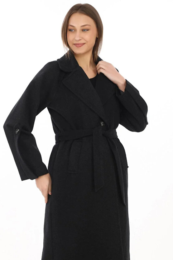 Kadın Uzun Kaşe Kaban – Yünlü Dokuma Kaşmir Kumaş, Kruvaze Yaka, Kuşaklı Astarlı Tesettür Uyumlu Şık