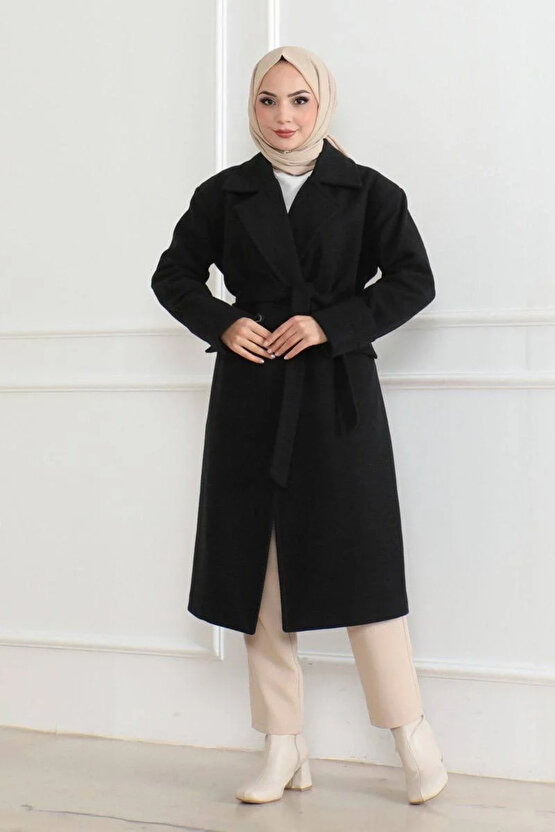 Kadın Kaşe Kaban – Uzun Boy Kruvaze Yaka, Kuşaklı Tesettür Kışlık Kaban, Astarlı Şık Yünlü Dokuma Ov