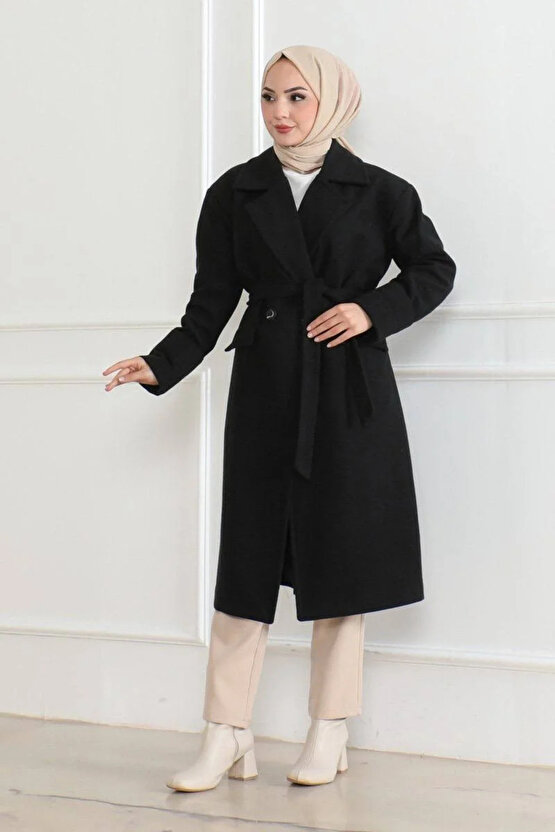 Kadın Kaşe Kaban – Uzun Boy Kruvaze Yaka, Kuşaklı Tesettür Kışlık Kaban, Astarlı Şık Yünlü Dokuma Ov