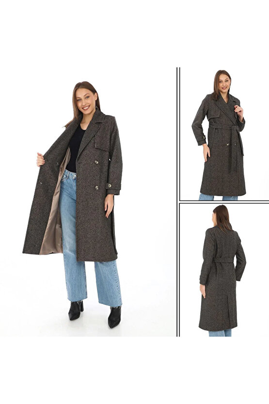 Kadın Balık Sırtı Yünlü Dokuma Kaşe Kaban – Kruvaze Yaka, Kuşaklı, Cepli, Astarlı Uzun Boy Tesettür