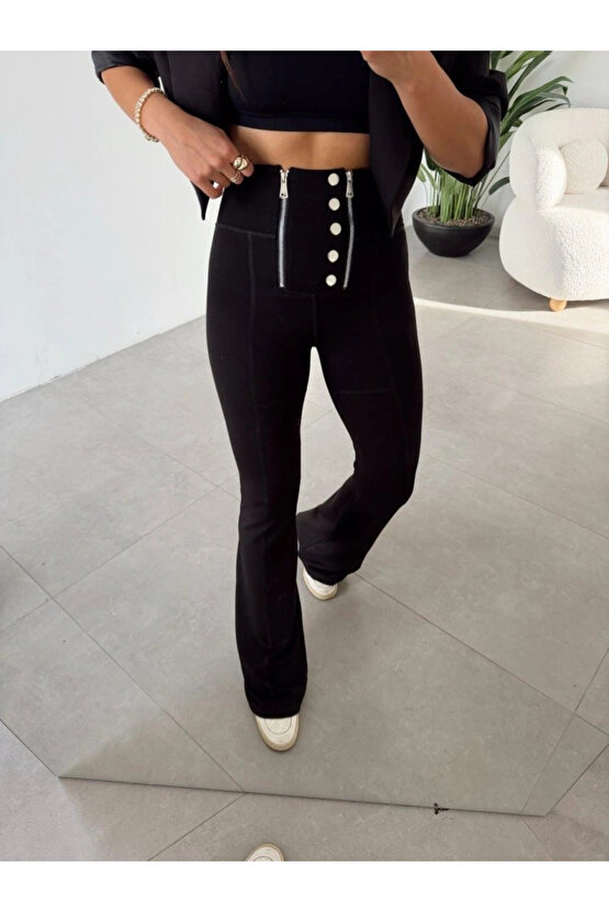 Kadın Yüksel Bel Düğme Ve Fermuar Detay çelik Kumaş Ispanyol Paça Tayt