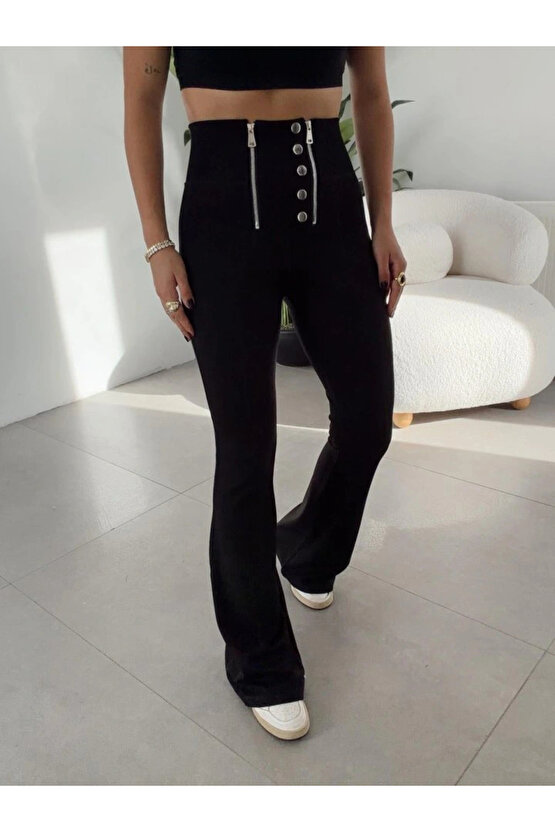 Kadın Yüksel Bel Düğme Ve Fermuar Detay çelik Kumaş Ispanyol Paça Tayt