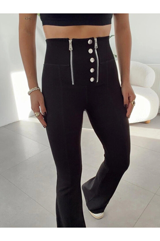 Kadın Yüksel Bel Düğme Ve Fermuar Detay çelik Kumaş Ispanyol Paça Tayt
