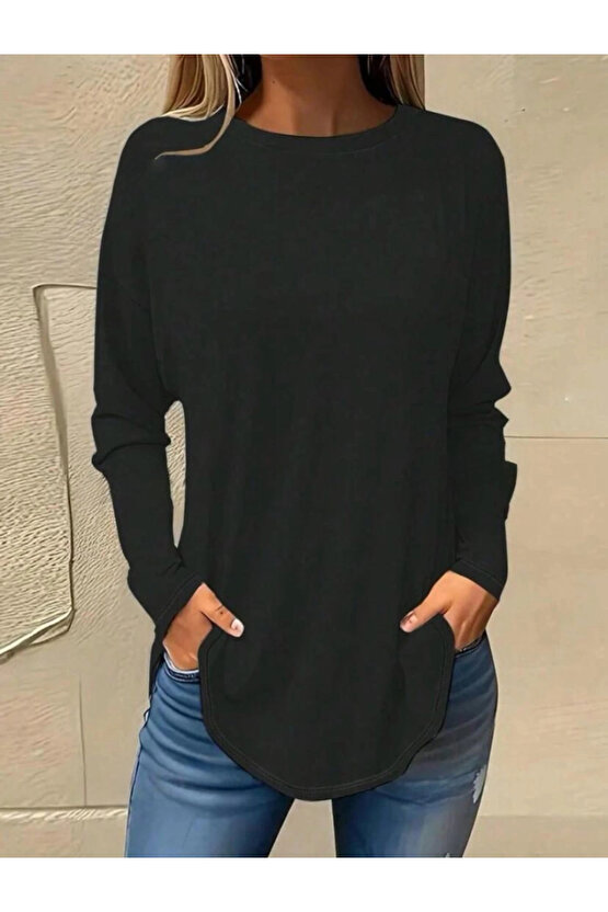 Kadın Uzun Kollu Yuvarlak Yaka Salaş Iki Iplik Bluz