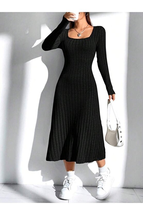 Mulvxmdyk Mdyk02 Kadın Uzun Kollu Kare Yaka Midi Kaşkorse Elbise (Mulvix)