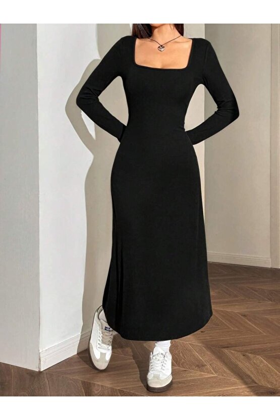 Mulvxmdyk Mdyk02 Kadın Uzun Kollu Kare Yaka Midi Kaşkorse Elbise (Mulvix)