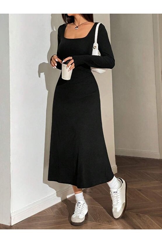 Mulvxmdyk Mdyk02 Kadın Uzun Kollu Kare Yaka Midi Kaşkorse Elbise (Mulvix)