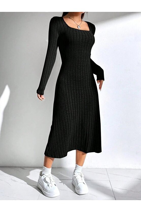 Mulvxmdyk Mdyk02 Kadın Uzun Kollu Kare Yaka Midi Kaşkorse Elbise (Mulvix)