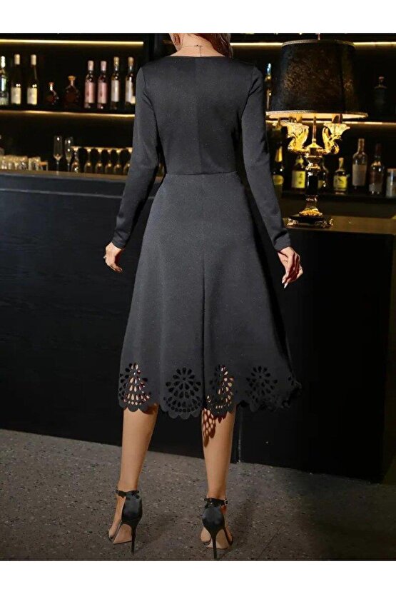 Kadın Uzun Kollu V Yakalı Lazer Kesim Detaylı Midi Ithal Krep Elbise