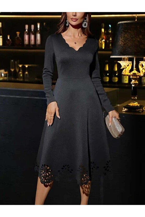 Kadın Uzun Kollu V Yakalı Lazer Kesim Detaylı Midi Ithal Krep Elbise