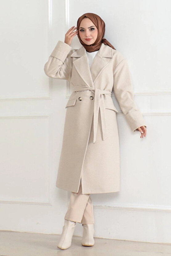 Kaşe Kaban – Uzun Boy Kruvaze Yaka Kuşaklı Tesettür Kaşe Kışlık Kaban, Astarlı Şık Yünlü Dokuma Over