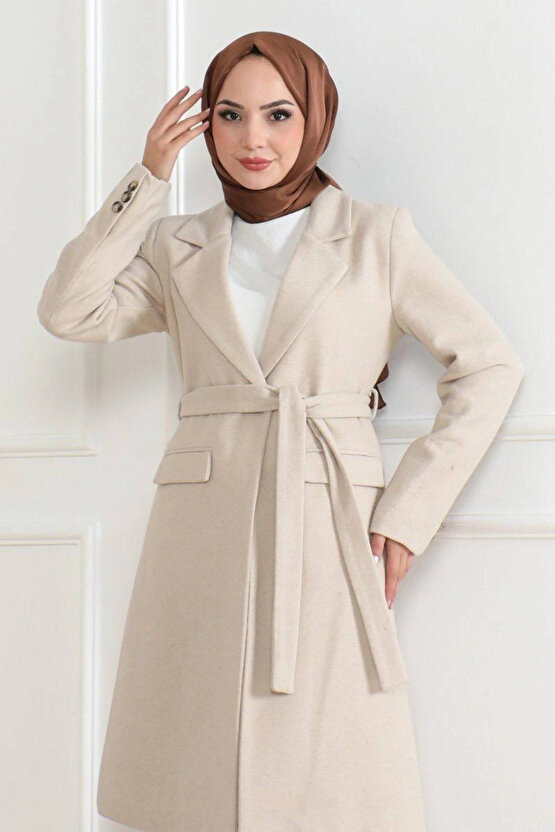 Kadın Kaşe Kaban – Uzun Boy Kruvaze Yaka, Kuşaklı Tesettür Kışlık Kaban, Astarlı Şık Yünlü Dokuma Ov