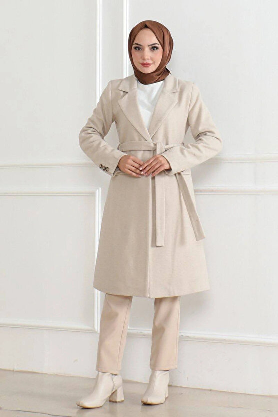 Kadın Kaşe Kaban – Uzun Boy Kruvaze Yaka, Kuşaklı Tesettür Kışlık Kaban, Astarlı Şık Yünlü Dokuma Ov