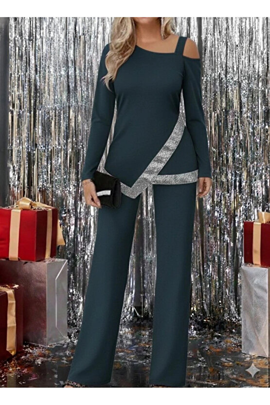 Kadın Tek Omuzdan Açık Uzun Kollu önü Pulpayet Ithal Krep Bluz Ve Pantolon