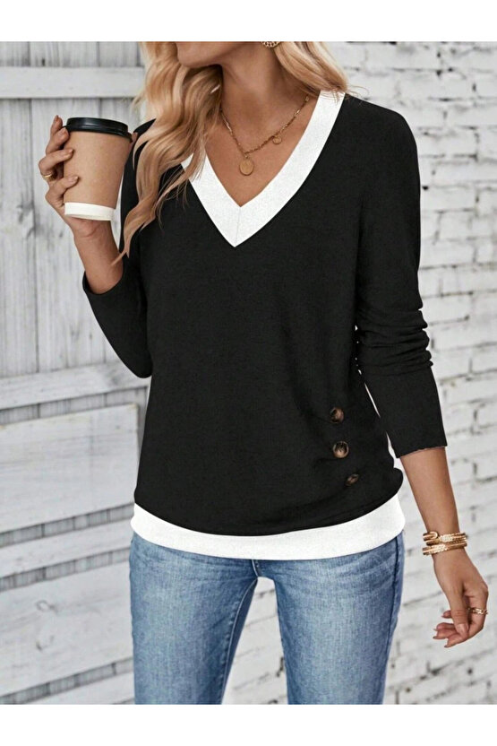 Kadın Uzun Kollu V Yakalı Yandan Düğmeli Yün Viskon Bluz