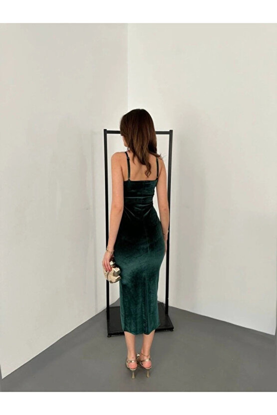 Kadınomuz Askılı Sırt Dekolteli Yırtmaç Detay Midi Boy Elbise Yırtmaç Detay Midi Boy Elbise