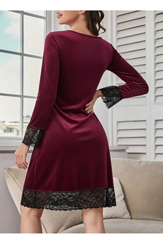 Kadın Uzun Kollu V Dantel Yakalı Mini Kadife Elbise